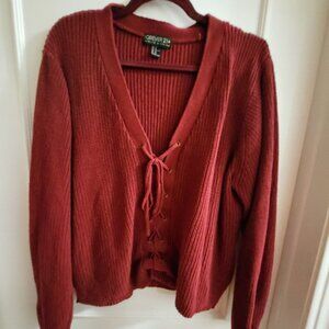 Forever 21+ Burgundy Lace-Up Front Cropped Ribbed Knit Sweater - 3X